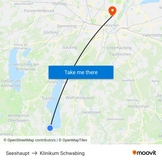 Seeshaupt to Klinikum Schwabing map