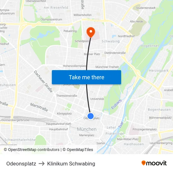 Odeonsplatz to Klinikum Schwabing map