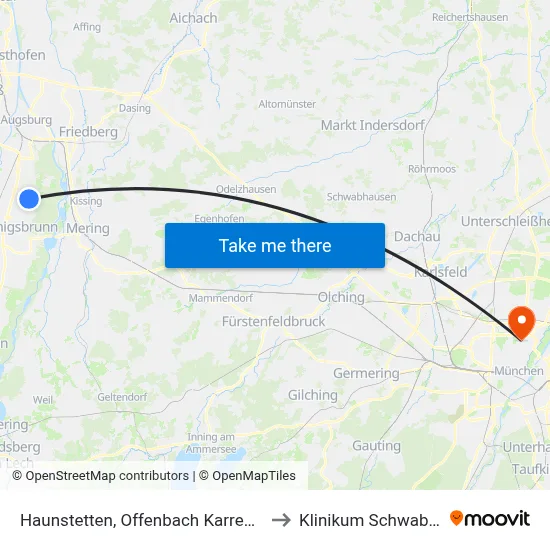 Haunstetten, Offenbach Karree 1 E to Klinikum Schwabing map