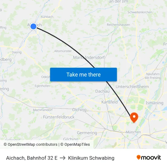 Aichach, Bahnhof 32 E to Klinikum Schwabing map