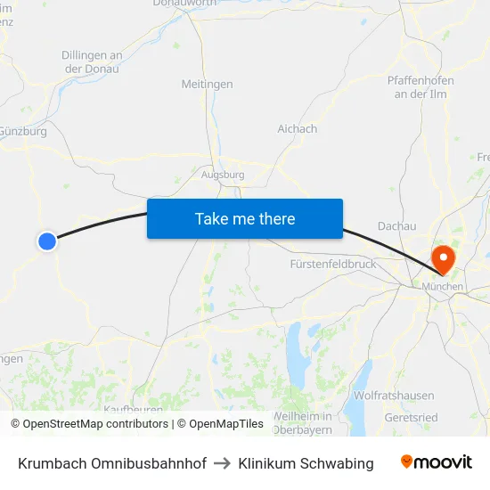 Krumbach Omnibusbahnhof to Klinikum Schwabing map