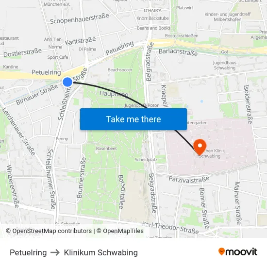 Petuelring to Klinikum Schwabing map
