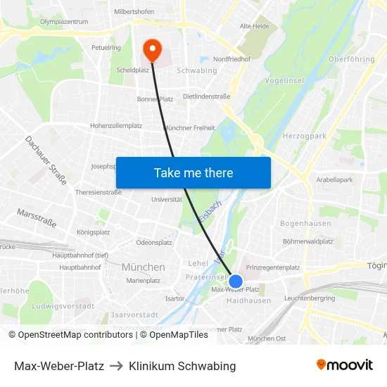 Max-Weber-Platz to Klinikum Schwabing map