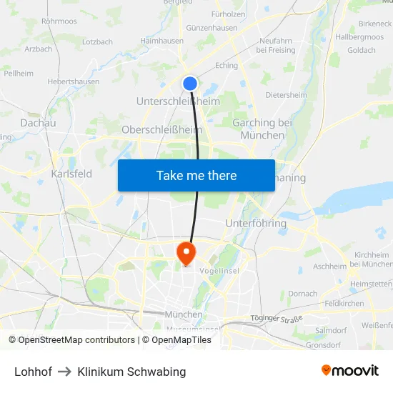 Lohhof to Klinikum Schwabing map