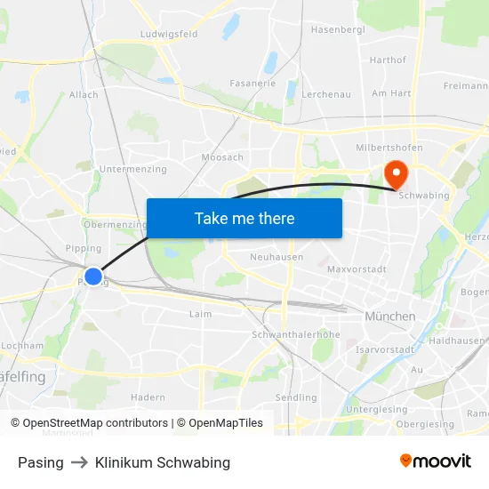 Pasing to Klinikum Schwabing map