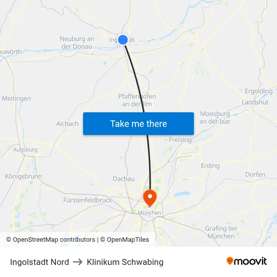 Ingolstadt Nord to Klinikum Schwabing map