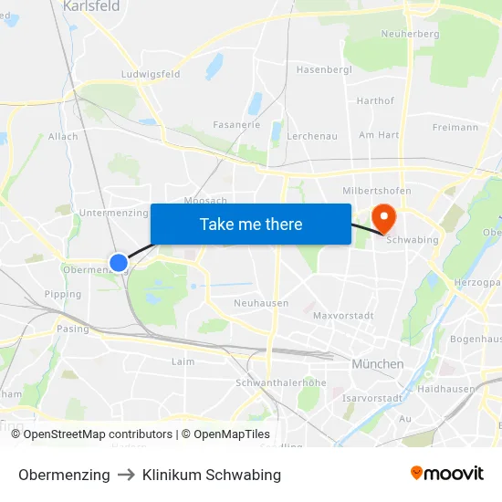 Obermenzing to Klinikum Schwabing map