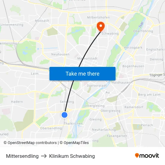 Mittersendling to Klinikum Schwabing map
