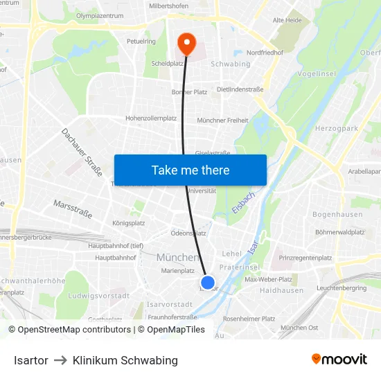 Isartor to Klinikum Schwabing map