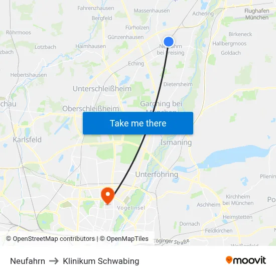 Neufahrn to Klinikum Schwabing map