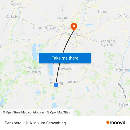 Penzberg to Klinikum Schwabing map