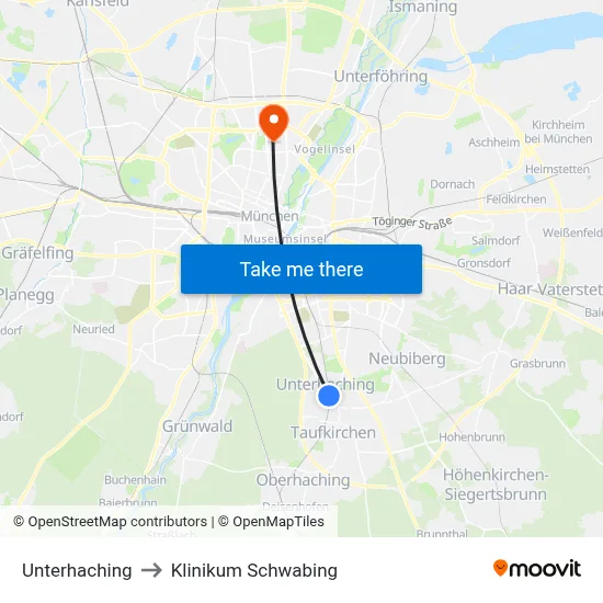 Unterhaching to Klinikum Schwabing map