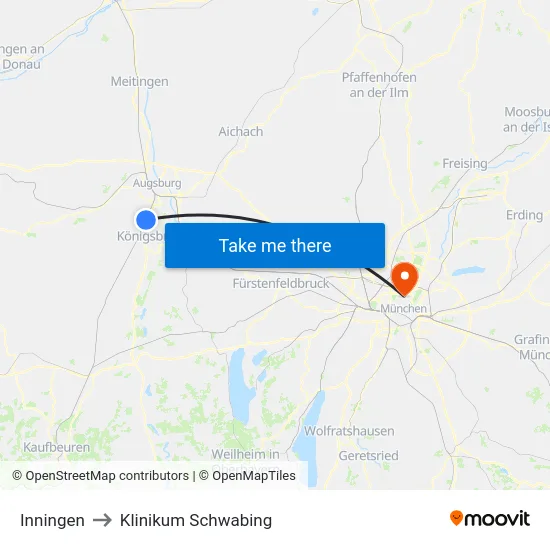 Inningen to Klinikum Schwabing map
