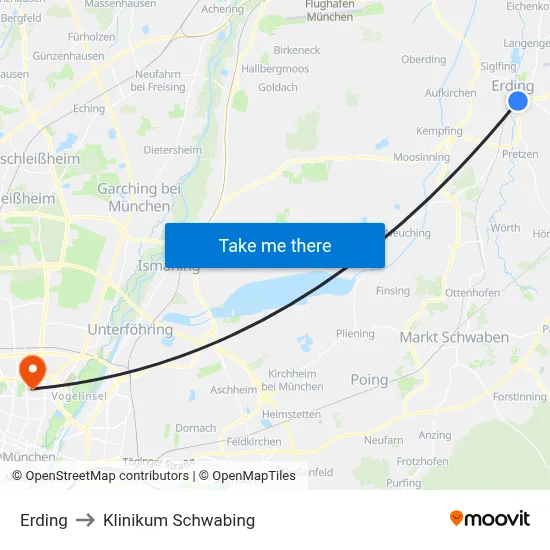 Erding to Klinikum Schwabing map