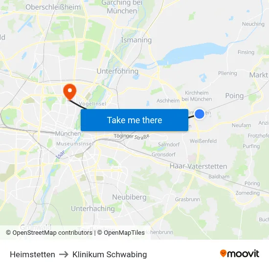 Heimstetten to Klinikum Schwabing map