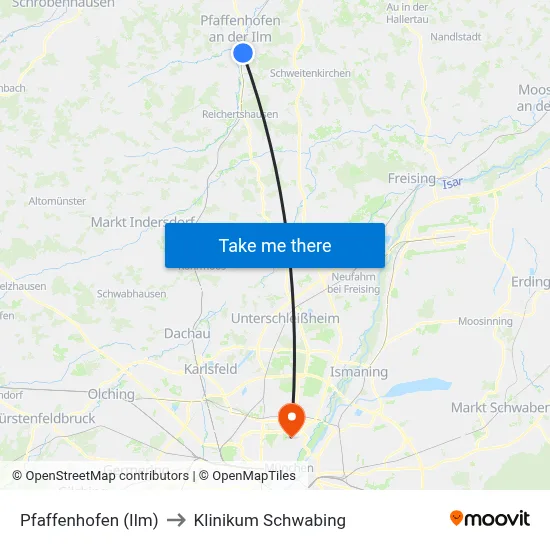 Pfaffenhofen (Ilm) to Klinikum Schwabing map