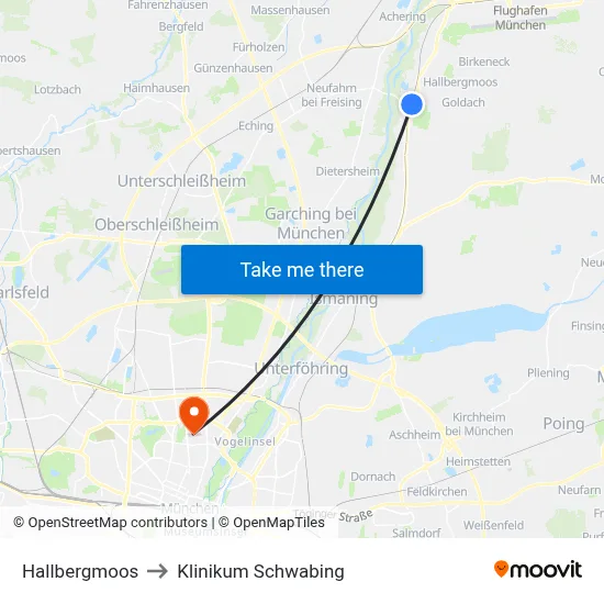 Hallbergmoos to Klinikum Schwabing map