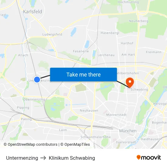 Untermenzing to Klinikum Schwabing map