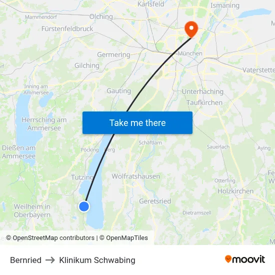 Bernried to Klinikum Schwabing map