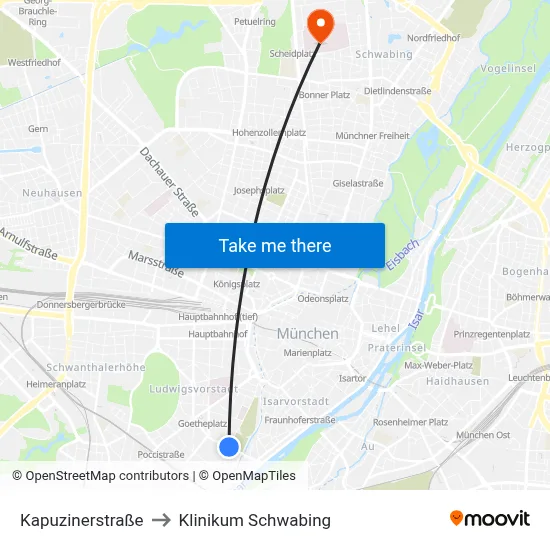 Kapuzinerstraße to Klinikum Schwabing map