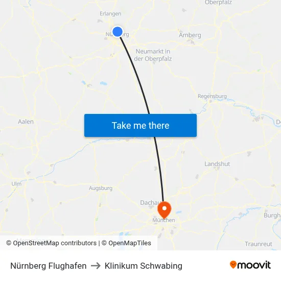 Nürnberg Flughafen to Klinikum Schwabing map