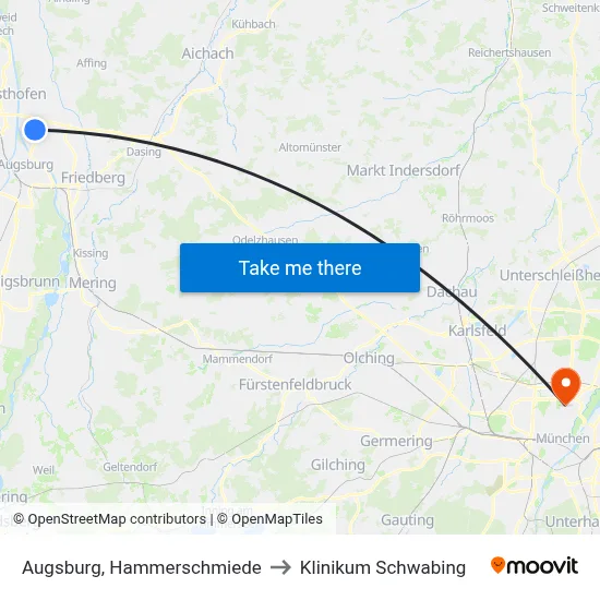 Augsburg, Hammerschmiede to Klinikum Schwabing map