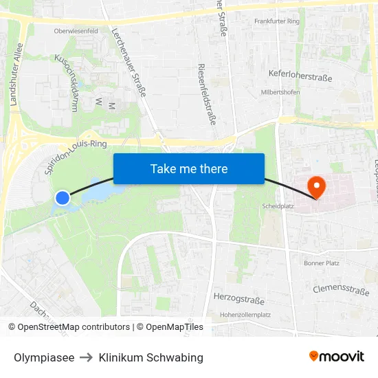 Olympiasee to Klinikum Schwabing map