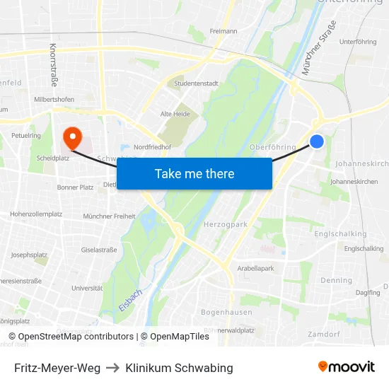 Fritz-Meyer-Weg to Klinikum Schwabing map