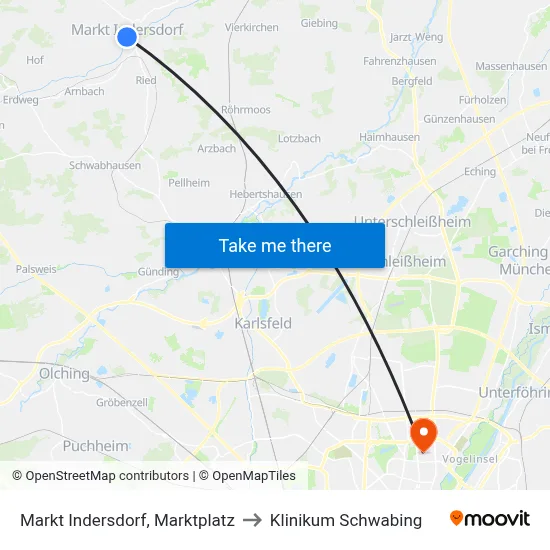 Markt Indersdorf, Marktplatz to Klinikum Schwabing map