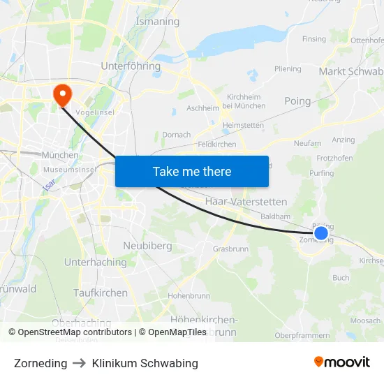 Zorneding to Klinikum Schwabing map
