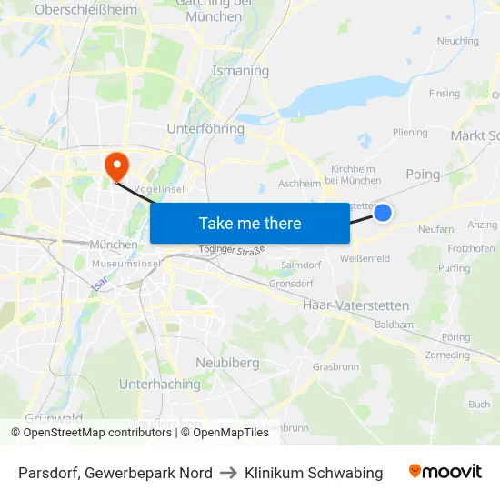 Parsdorf, Gewerbepark Nord to Klinikum Schwabing map