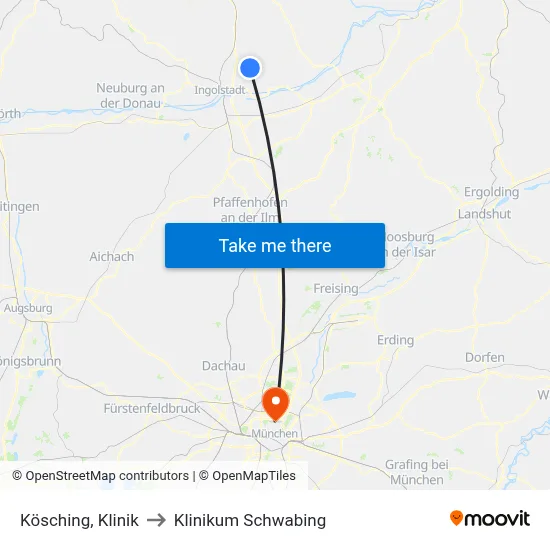 Kösching, Klinik to Klinikum Schwabing map