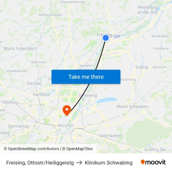 Freising, Ottostr/Heiliggeistg to Klinikum Schwabing map