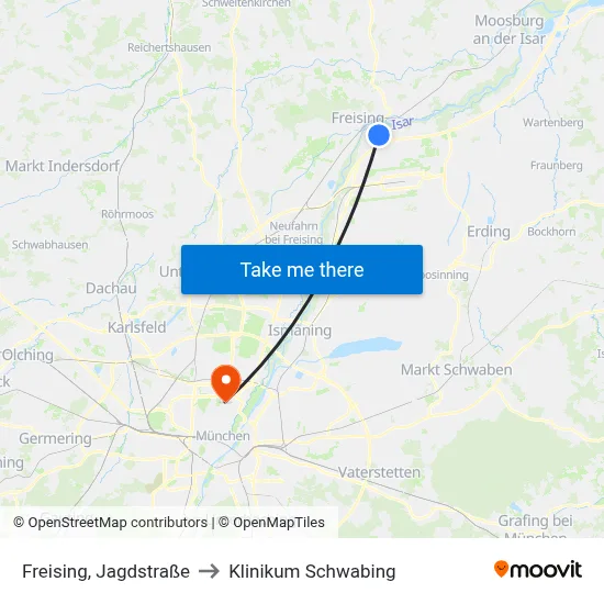 Freising, Jagdstraße to Klinikum Schwabing map
