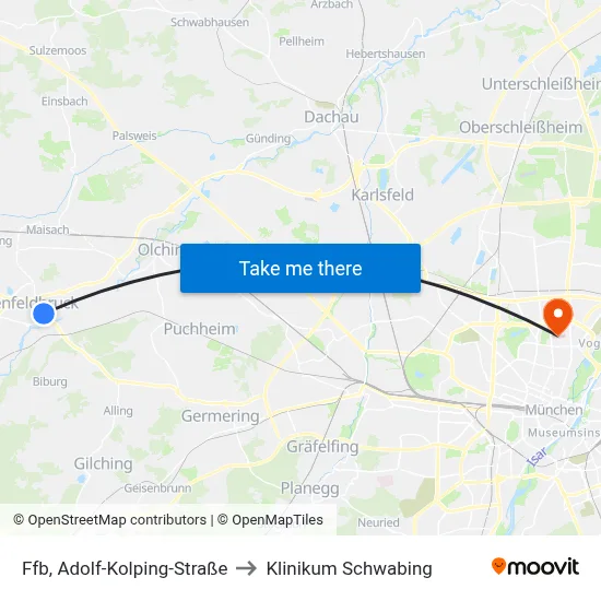 Ffb, Adolf-Kolping-Straße to Klinikum Schwabing map