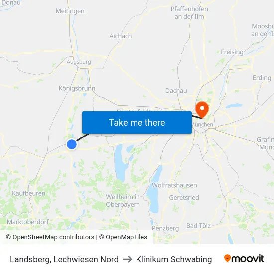 Landsberg, Lechwiesen Nord to Klinikum Schwabing map