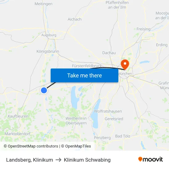 Landsberg, Klinikum to Klinikum Schwabing map