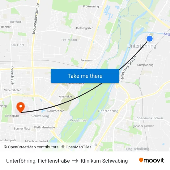 Unterföhring, Fichtenstraße to Klinikum Schwabing map