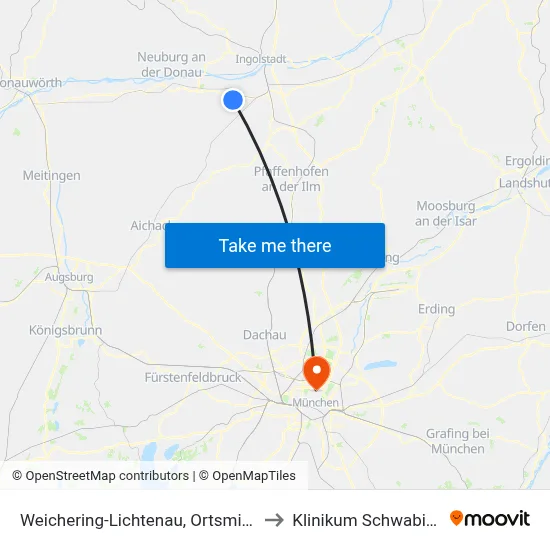 Weichering-Lichtenau, Ortsmitte to Klinikum Schwabing map