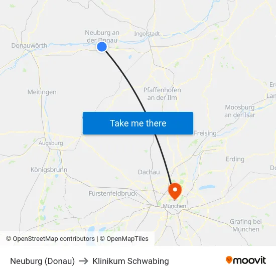 Neuburg (Donau) to Klinikum Schwabing map