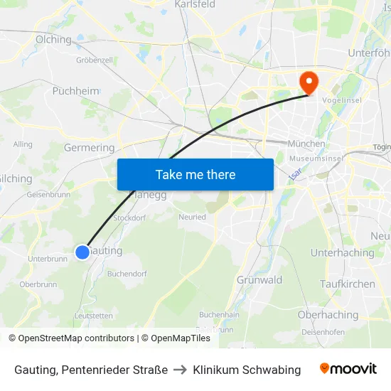 Gauting, Pentenrieder Straße to Klinikum Schwabing map