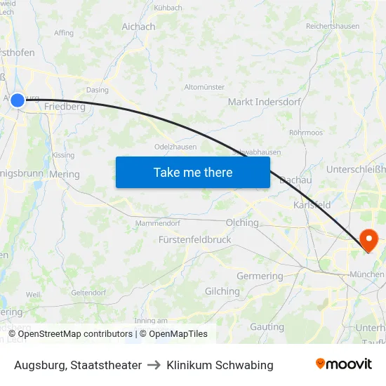 Augsburg, Staatstheater to Klinikum Schwabing map