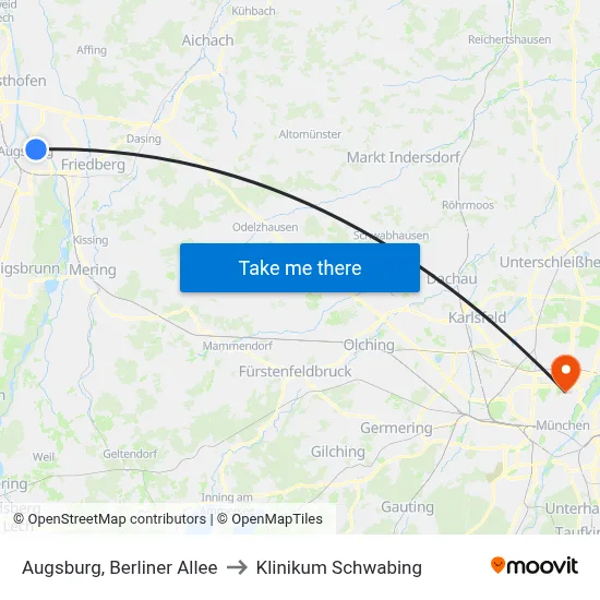 Augsburg, Berliner Allee to Klinikum Schwabing map