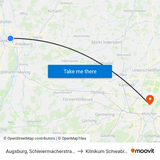 Augsburg, Schleiermacherstraße to Klinikum Schwabing map