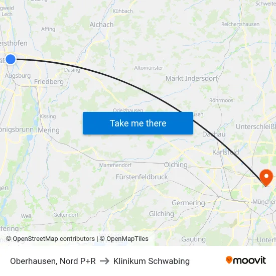 Oberhausen, Nord P+R to Klinikum Schwabing map