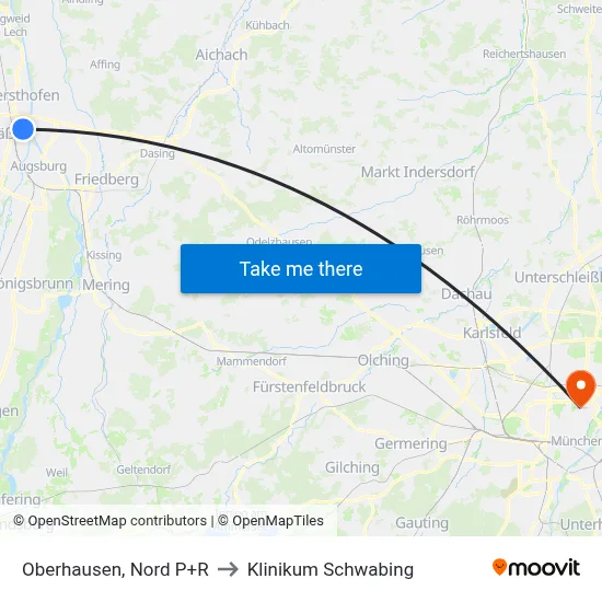 Oberhausen, Nord P+R to Klinikum Schwabing map