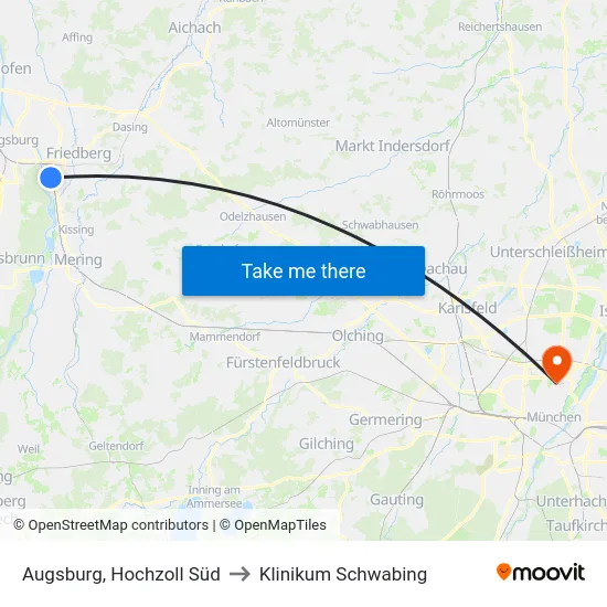 Augsburg, Hochzoll Süd to Klinikum Schwabing map