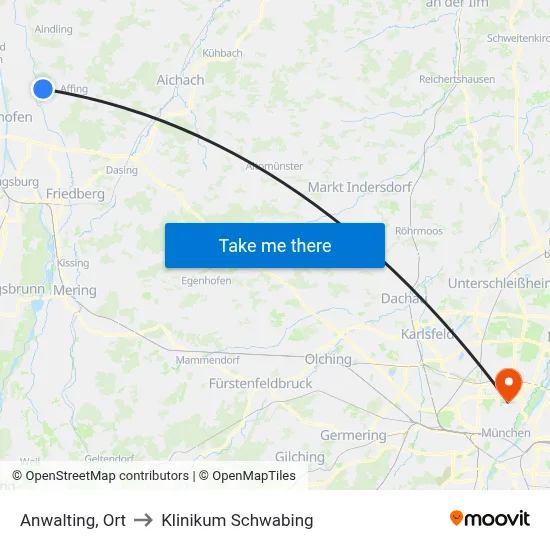 Anwalting, Ort to Klinikum Schwabing map