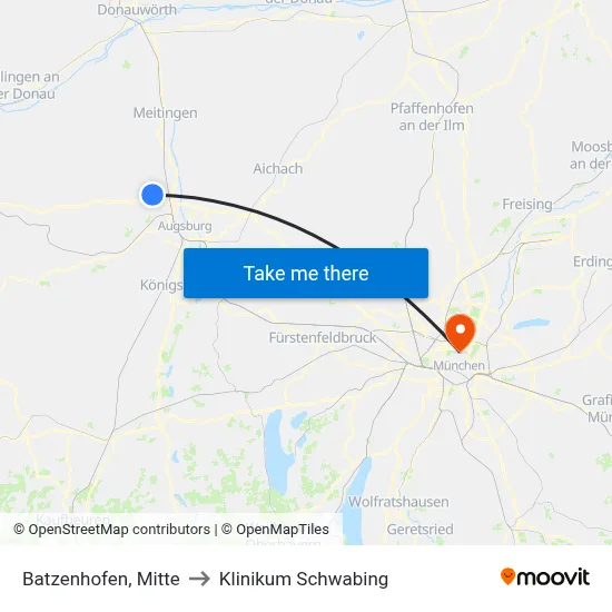 Batzenhofen, Mitte to Klinikum Schwabing map
