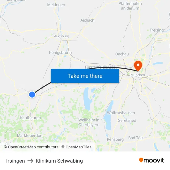Irsingen to Klinikum Schwabing map